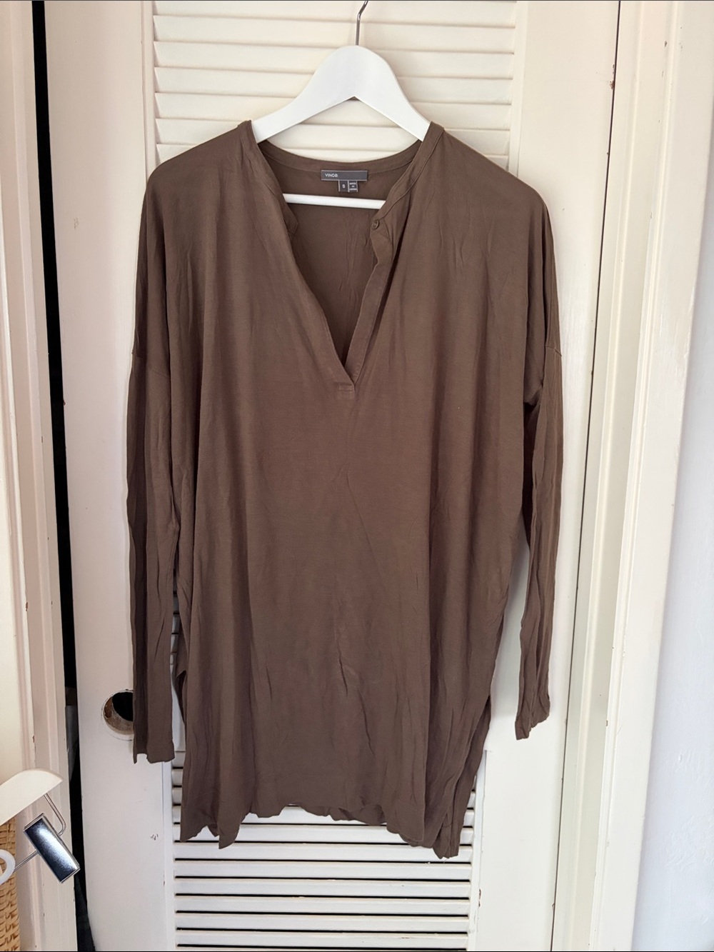 Vince Taupe-Brown Relaxed V-Neck Long-Sleeve Tunic